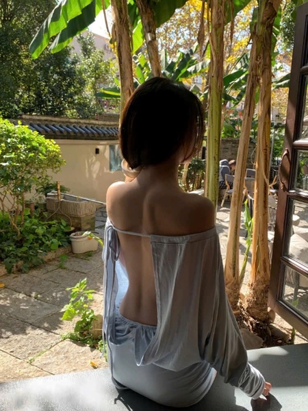 Yakun Dress Váy Ngủ Thun Vai Trễ Hở Lưng Tay Dài | Bralettehousevn