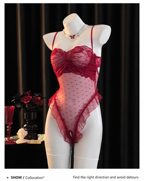 Sick Bodysuit – Bodysuit Ren Mỏng Hở Đáy Cut Out Phối Bèo Mở Ngực Bralettehousevn