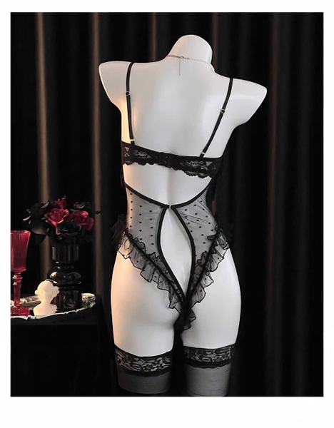 Sick Bodysuit – Bodysuit Ren Mỏng Hở Đáy Cut Out Phối Bèo Mở Ngực Bralettehousevn