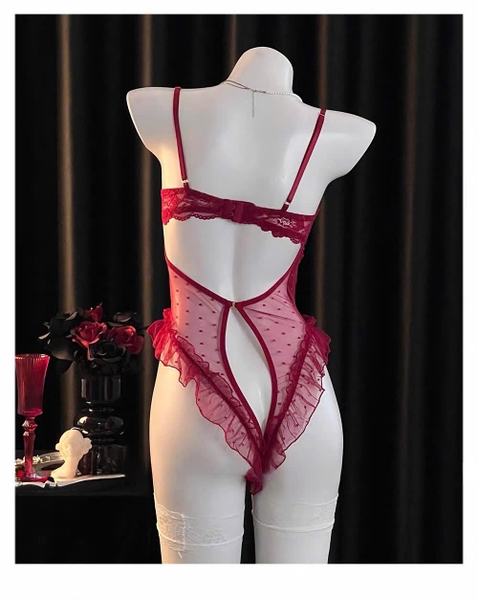 Sick Bodysuit – Bodysuit Ren Mỏng Hở Đáy Cut Out Phối Bèo Mở Ngực Bralettehousevn