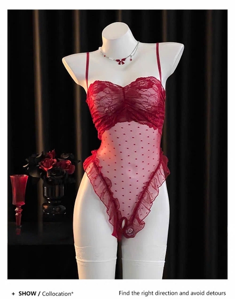 Sick Bodysuit – Bodysuit Ren Mỏng Hở Đáy Cut Out Phối Bèo Mở Ngực Bralettehousevn
