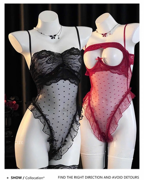 Sick Bodysuit – Bodysuit Ren Mỏng Hở Đáy Cut Out Phối Bèo Mở Ngực Bralettehousevn