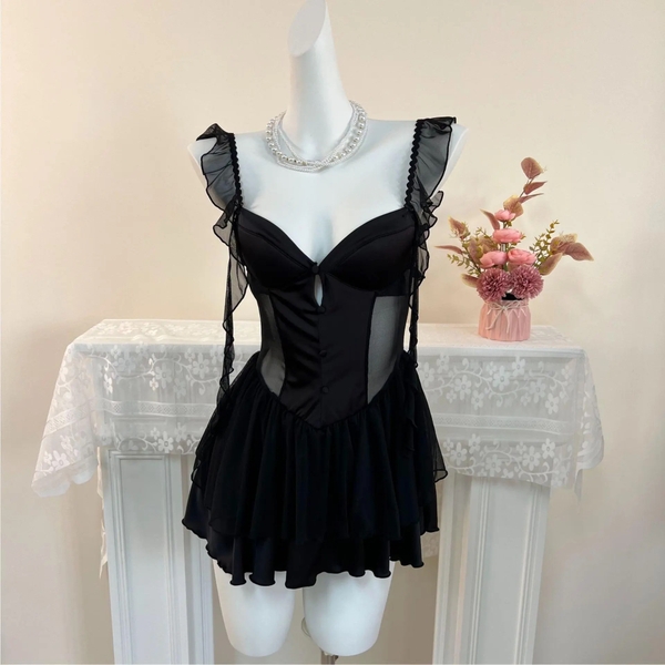 Đầm váy ngủ nữ satin cao cấp Velina Dress S2540 phối thun dáng xoè tầng phối rũ cánh tiên có mút sẵn gợi cảm nữ tính Bralettehousevn