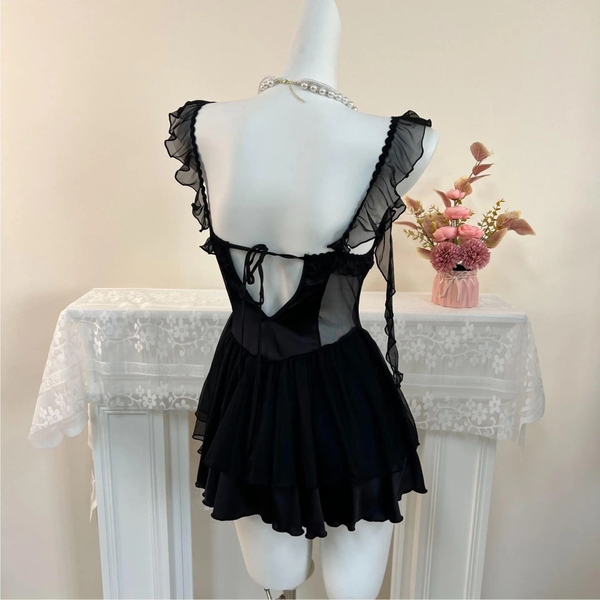 Đầm váy ngủ nữ satin cao cấp Velina Dress S2540 phối thun dáng xoè tầng phối rũ cánh tiên có mút sẵn gợi cảm nữ tính Bralettehousevn