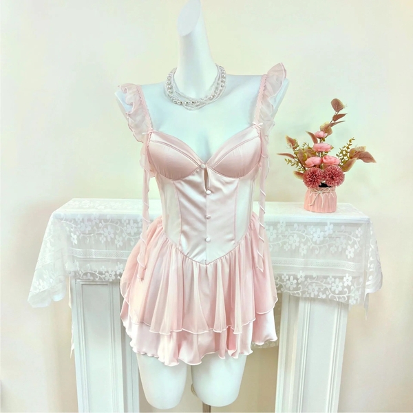 Đầm váy ngủ nữ satin cao cấp Velina Dress S2540 phối thun dáng xoè tầng phối rũ cánh tiên có mút sẵn gợi cảm nữ tính Bralettehousevn