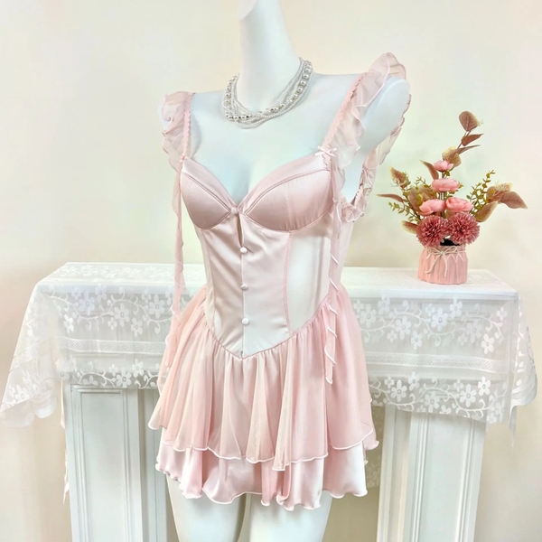 Đầm váy ngủ nữ satin cao cấp Velina Dress S2540 phối thun dáng xoè tầng phối rũ cánh tiên có mút sẵn gợi cảm nữ tính Bralettehousevn