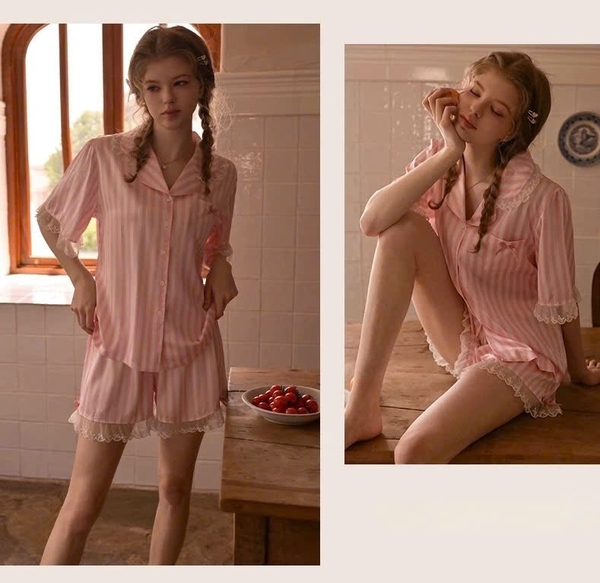 Bộ đồ ngủ mặc nhà cao cấp Nappy Pijamas S2628 lụa sọc hồng tiểu thư trẻ trung thoải mái Bralettehousevn