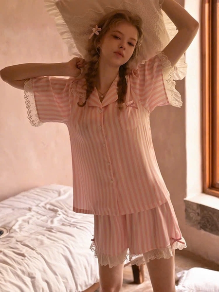 Bộ đồ ngủ mặc nhà cao cấp Nappy Pijamas S2628 lụa sọc hồng tiểu thư trẻ trung thoải mái Bralettehousevn