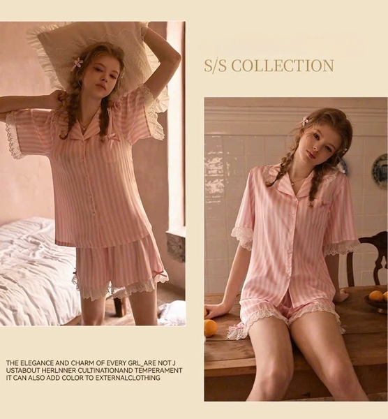 Bộ đồ ngủ mặc nhà cao cấp Nappy Pijamas S2628 lụa sọc hồng tiểu thư trẻ trung thoải mái Bralettehousevn