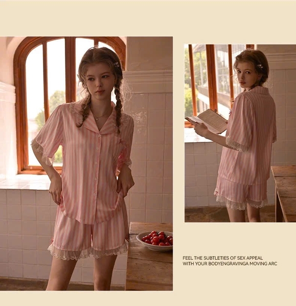 Bộ đồ ngủ mặc nhà cao cấp Nappy Pijamas S2628 lụa sọc hồng tiểu thư trẻ trung thoải mái Bralettehousevn