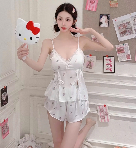 Set đồ ngủ 2 dây satin Lindo Set cột dây có mút sẵn nổi kèm quần short tiểu thư sang chảnh Bralettehousevn