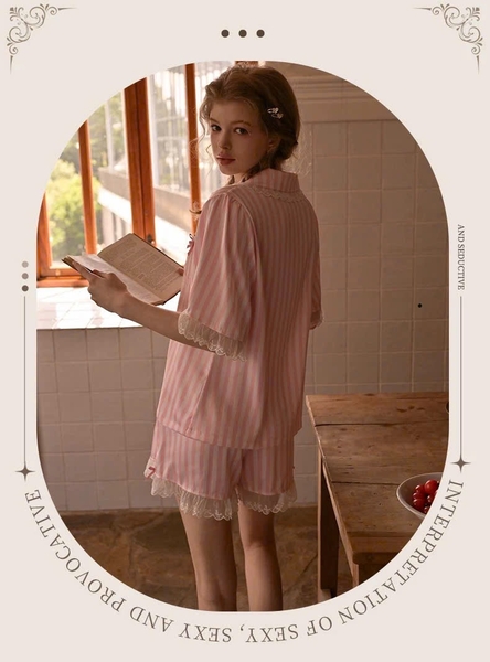 Bộ đồ ngủ mặc nhà cao cấp Nappy Pijamas S2628 lụa sọc hồng tiểu thư trẻ trung thoải mái Bralettehousevn