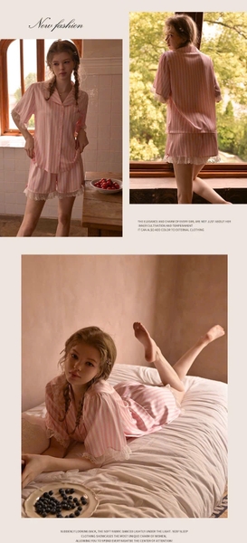 Bộ đồ ngủ mặc nhà cao cấp Nappy Pijamas S2628 lụa sọc hồng tiểu thư trẻ trung thoải mái Bralettehousevn