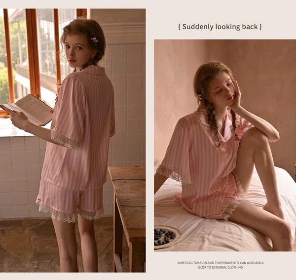 Bộ đồ ngủ mặc nhà cao cấp Nappy Pijamas S2628 lụa sọc hồng tiểu thư trẻ trung thoải mái Bralettehousevn