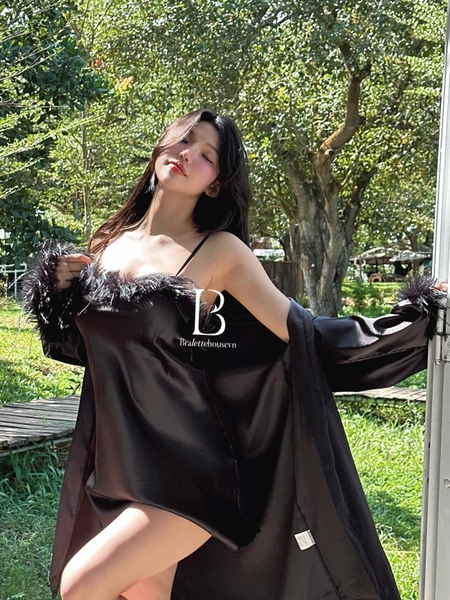 [✨SLAY SERIES✨] Choàng Rada phối đầm Dara satin đính lông tay áo sang chảnh nữ tính cao cấp loại 1 Bralettehousevn