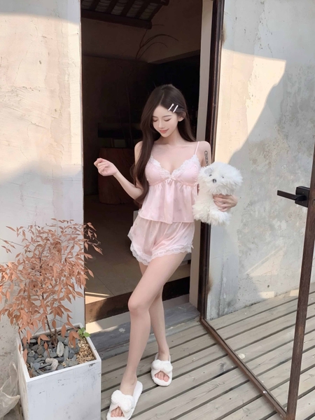 Set đồ ngủ 2 dây satin Ribat Set cột dây in hoạ tiết nơ nữ tính kèm quần short tiểu thư sang chảnh Bralettehousevn