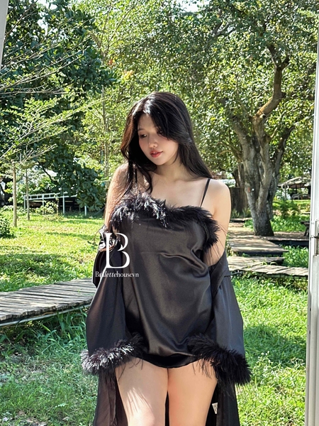 [✨SLAY SERIES✨] Choàng Rada phối đầm Dara satin đính lông tay áo sang chảnh nữ tính cao cấp loại 1 Bralettehousevn