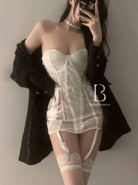 [Kèm dây đai] Shiny Set S2302 đầm cúp ngực satin phối ren cao cấp thiết kế choker quyến rũ gợi cảm sang trọng Bralettehousevn