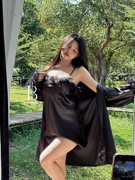 [✨SLAY SERIES✨] Choàng Rada phối đầm Dara satin đính lông tay áo sang chảnh nữ tính cao cấp loại 1 Bralettehousevn