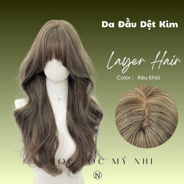 Tóc Giả Mỹ Nhi Xoăn Layer Mái Thưa Hàn Quốc Màu Tóc Rêu Khói x-dk-0102 Da Đầu Dênt Kim