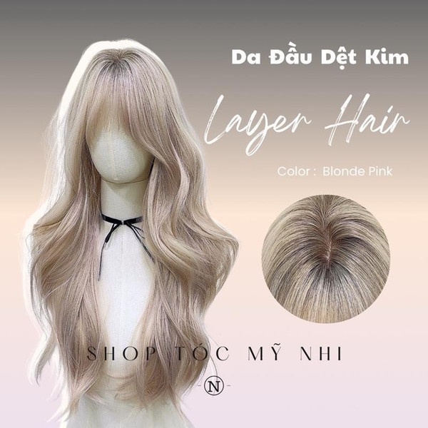 Tóc Giả Mỹ Nhi Mái Thưa Xoăn Layer Dài Màu Tóc Blonde Pink x-dk-1018 Da Đầu Dệt Kim (rẻ ngôi được)