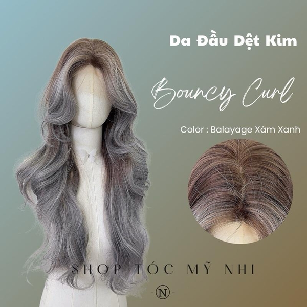 Tóc Giả Mỹ Nhi Bouncy Curl Tóc Xoăn Bung Layer Mái Bay Màu Tóc Balayage Xám Xanh x-3d-0201 Da Đầu 3D Kết Hợp (phân khúc DÁN KEO)
