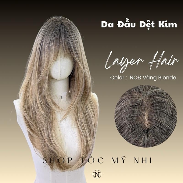 Tóc Giả Mỹ Nhi Cúp Layer Mái Thưa Hàn Quốc Chân Tóc Đen Nhuộm Ombre Vàng Blonde C-dk-0906 Da Đầu Dệt Kim (rẻ ngôi được)