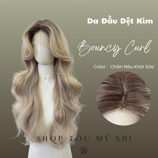 Tóc Giả Mỹ Nhi Bouncy Curl Xoăn Bung Layer Mái Bay Màu Tóc Chân Nâu Khói Sữa X-3D-0203 Da Đầu 3D Kết Hợp ( phân khúc DÁN KEO)