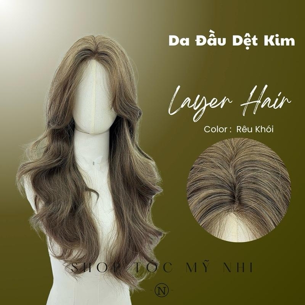 Tóc Giả Mỹ Nhi Xoăn Layer Mái Bay Màu Tóc Rêu Khói x-dk1-0116 Da Đầu Dệt Kim