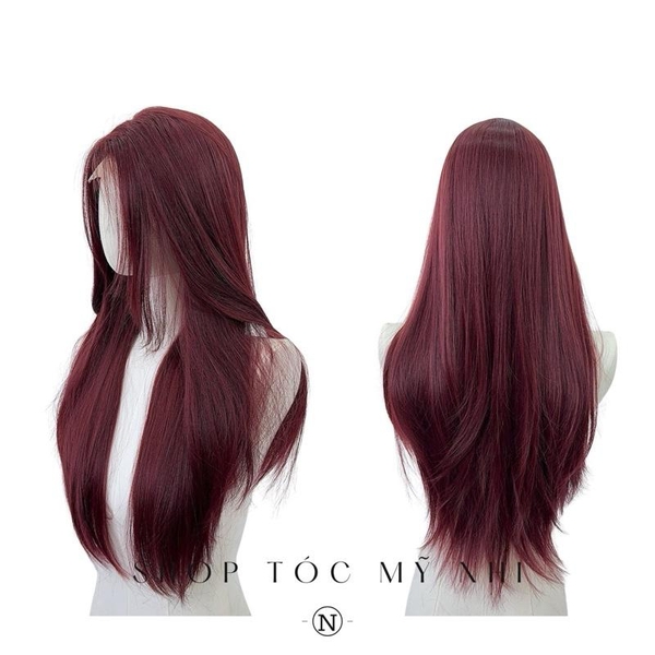 Tóc Giả Mỹ Nhi Tóc Thẳng Layer Hai Mái Màu Đỏ Cherry t-dk1-0310 Da Đầu Dệt Kim