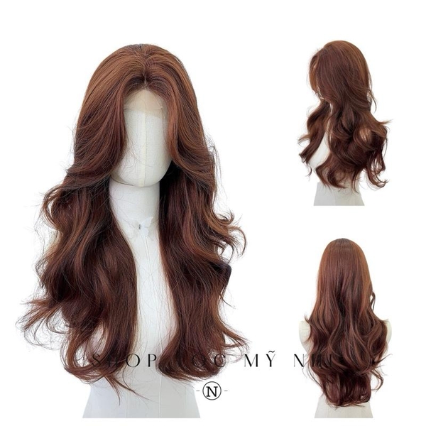 Tóc Giả Mỹ Nhi Xoăn Layer Hai Mái Màu Tóc Nâu Choco x-dk1-0114 Da Đầu Dệt Kim