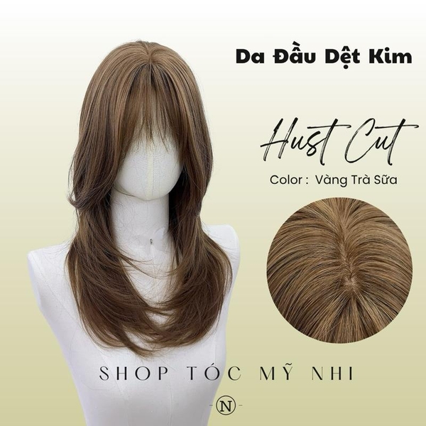 Tóc Giả Mỹ Nhi Hust Cut Mái Thưa Hàn Quốc Màu Tóc Vàng Trà Sữa c-dk-1202 Da Đầu Dệt Kim