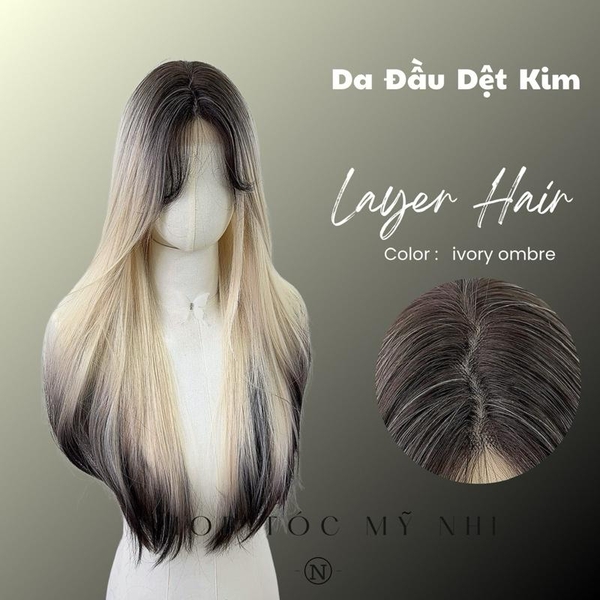 Tóc Giả Mỹ Nhi Thẳng Layer Hai Mái Màu Tóc Vàng Bạch Kim Nhuộm Ombre Loang Màu t-dk1-0309 Da Đầu Dệt Kim (ivory ombre)