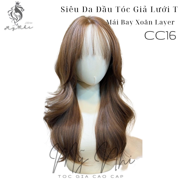 Siêu Da Đầu Tóc Giả Lưới Chữ T Mái Thưa CC16 Xoăn Layer 50cm (kèm dưỡng + lược + lưới + miếng dán)