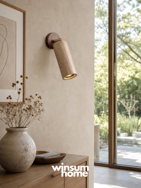 Đèn tường đá travertine thân trụ, đế gỗ