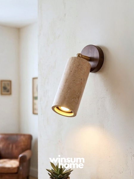Đèn tường đá travertine thân trụ, đế gỗ