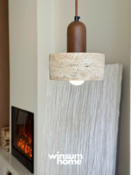 Đèn thả đá travertine hình trụ, đèn thả đầu giường