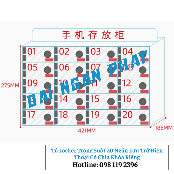Tủ Locker Trong Suốt 20 Ngăn Lưu Trữ Điện Thoại Có Chìa Khóa Riêng
