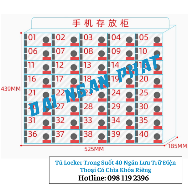 Tủ Locker Trong Suốt 40 Ngăn Lưu Trữ Điện Thoại Có Chìa Khóa Riêng