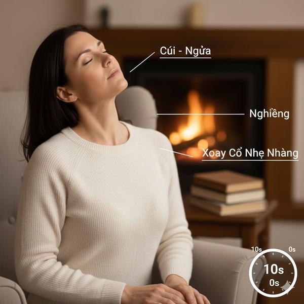 Vận động nhẹ nhàng các bài tập cúi – ngửa – nghiêng – xoay cổ nhẹ nhàng giúp kéo giãn cơ, giảm cứng cổ và tăng độ linh hoạt. 