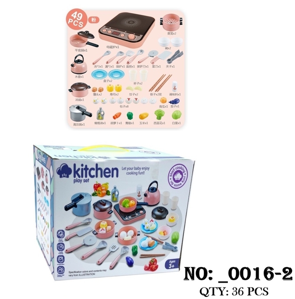 _0016-2  HỘP BẾP ĐIỆN TỪ PIN, NỒI, CHẢO, BÁNH BAO, RAU CỦ 49 MIẾNG