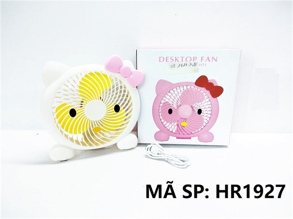 HR1927  HỘP QUẠT BÀN PIN MÈO KITTY ĐÈN + SẠC USB (1 PIN)