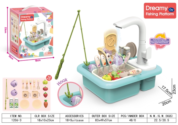 1206-3  HỘP BẾP BỒN RỬA CHÉN PIN + CÂU CÁ (XANH)