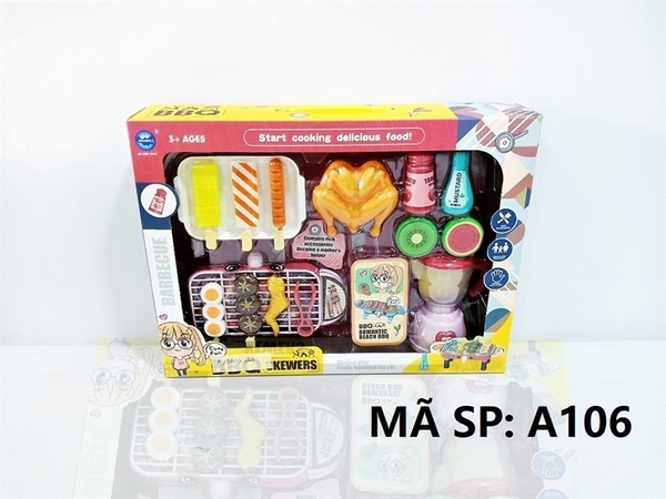 A106  HỘP BẾP KHÂY NƯỚNG XIÊN QUE + MÁY SINH TỐ + GÀ + KIWI, DƯA HẤU + TƯƠNG + KẸP GẮP   BBQ skewers