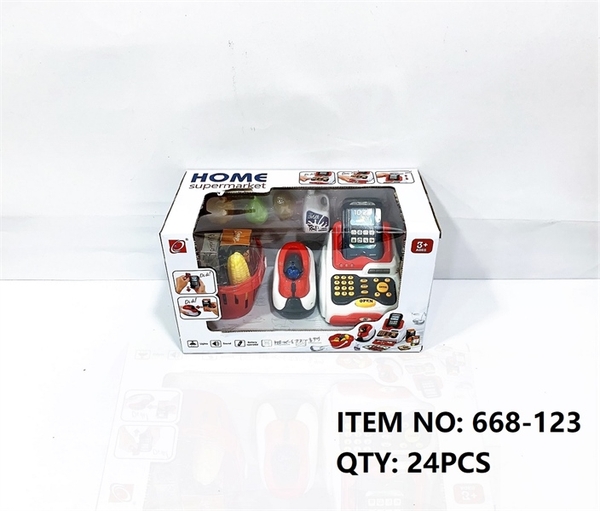 668-123  HỘP MÁY TÍNH TIỀN SIÊU THỊ PIN, MÁY QUÉT MÃ VẠCH PIN, MÁY QUẸT THẺ ATM + GIỎ THỨC ĂN 18 MIẾNG