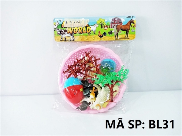 BL31  TÚI RỔ THÚ NHÀ +2 TRỨNG+ CÂY+ HÀNG RÀO (BÒ, GÀ , VỊT, CHIM) Animal world PVC 77, 88