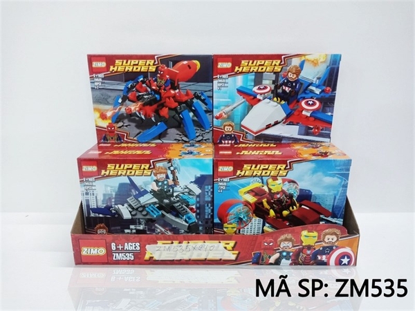 ZM535 HỘP LOGO RÁP ROBO AVENGER, XE, MÁY BAY HỘP 8C 4 MẪU SUPER HEROES