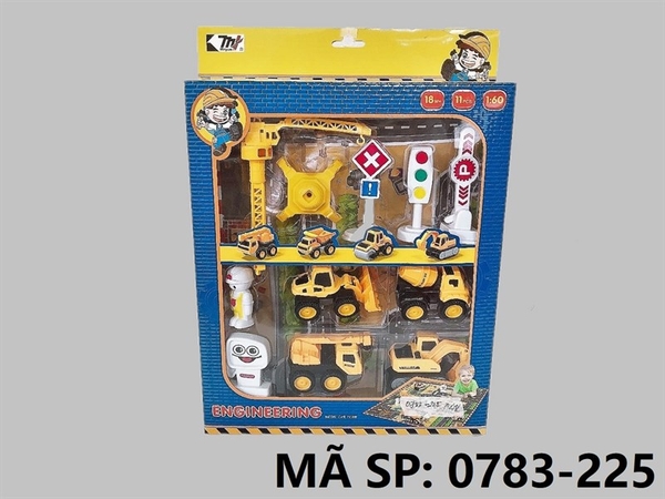 _0783-225  HỘP XE CÔNG TRÌNH SẮT TRỚN 4C ĐỦ MẪU + TRỤC CẨU, BIỂN BÁO, NGƯỜI 11 MIẾNG