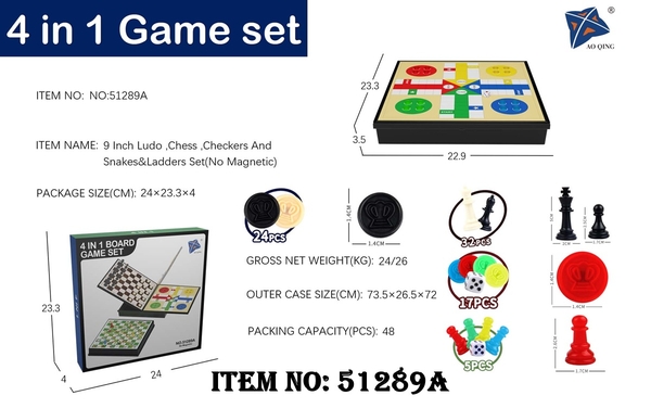 51289A  HỘP CỜ VUA, CÁ NGỰA, RẮN LEO THANG, CỜ ĐAM 4 IN 1