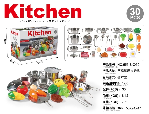 555-BX050  HỘP BẾP INOX, NỒI, CHẢO,RAU CỦ DÍNH 30 MÓN